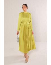 yağ yeşili piliseli saten elbise