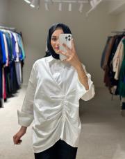 ekru bel büzgülü gömlek