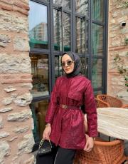 bordo kemerli payet ceket