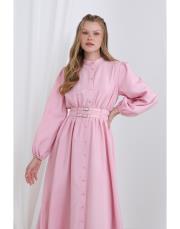 pembe beli kemerli elbise 2