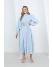 bebe mavi beli kemerli elbise