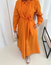turuncu bağlamalı poplin elbise 3