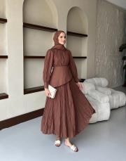 kahve vual kuşaklı elbise