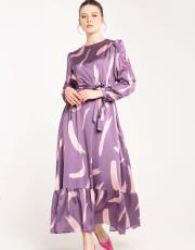 mor fırça desen saten elbise