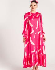 fuşya fırça desen saten elbise 3