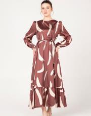 kahve fırça desen saten elbise 2